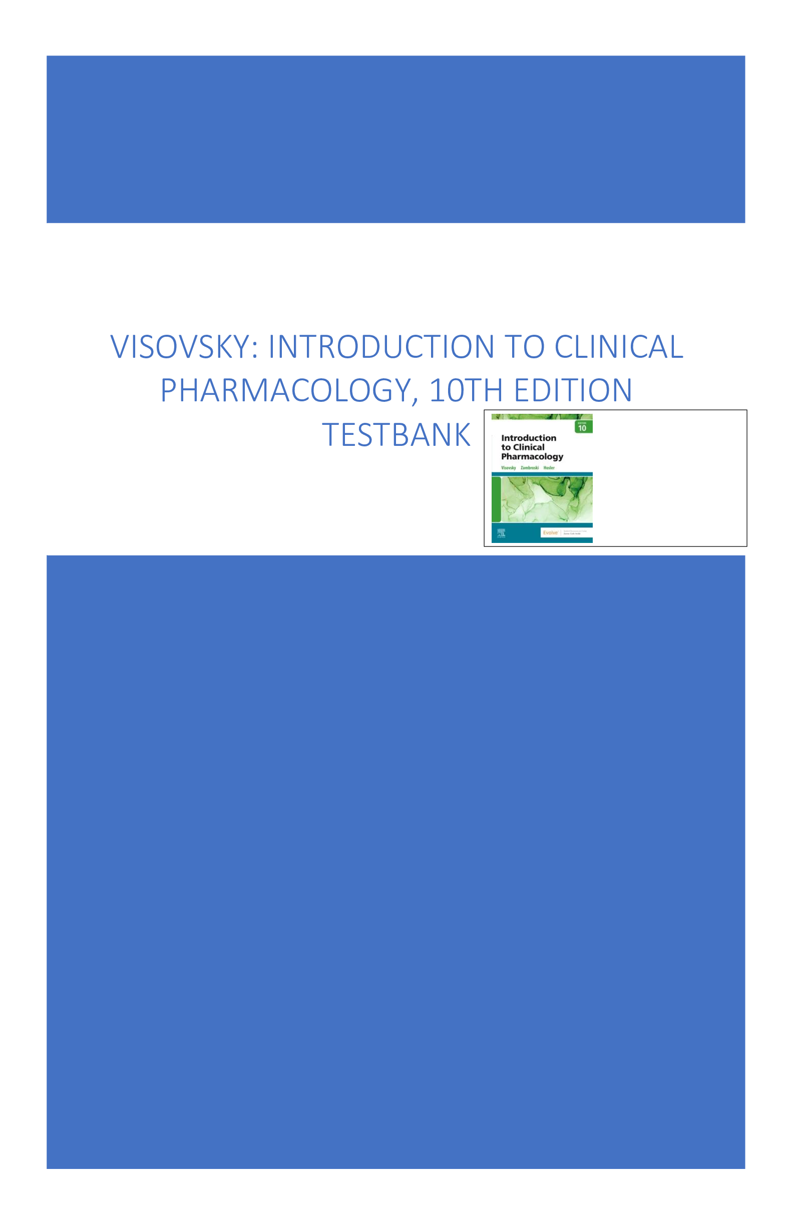 Introduction to Clinical Pharmacology 10th Edition by  Visovsky, Zambroski, Hosler | TEST BANK